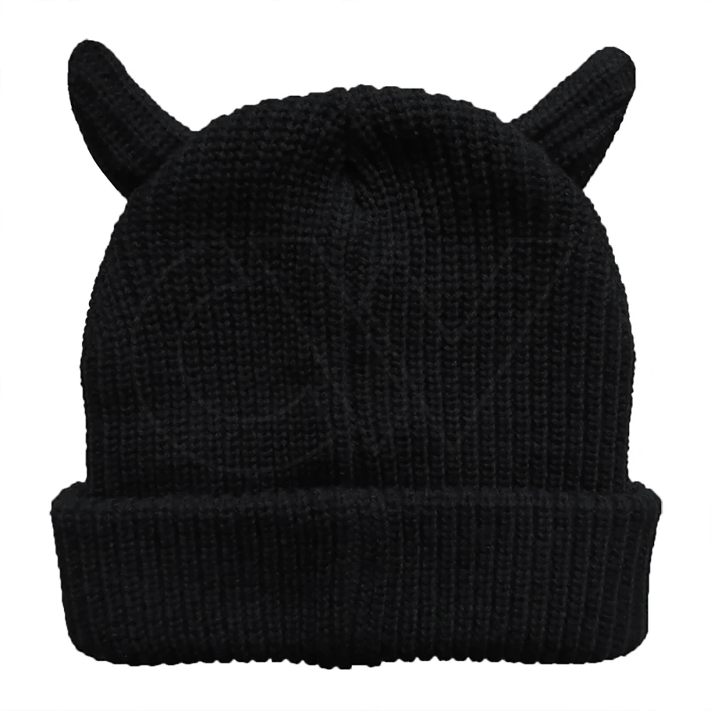 Winter Headwear Solid Black Hat Ribbed Blank Devil Knit Beanie with Horn