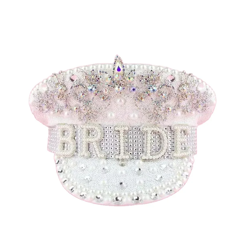 Custom Women wedding novelty bridal bachelorette party rhinestone jewels white bride captain hat