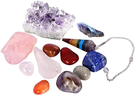 Seven Chakra Healing kit with Amethyst Cluster & Selenite Stick | Chakra Stones for Healing | Buy From Amayra Crystals Exports