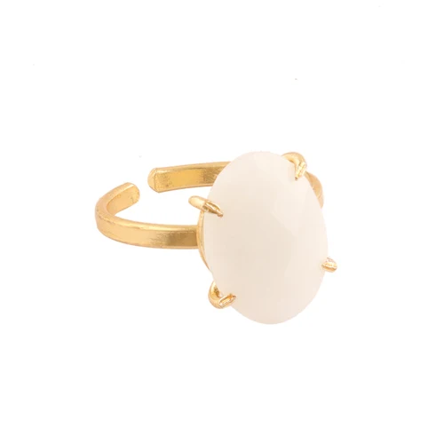 Woman fashion jewelry faceted oval white agate gold plated adjustable ring gemstone prong setting statement ring jewelry for her