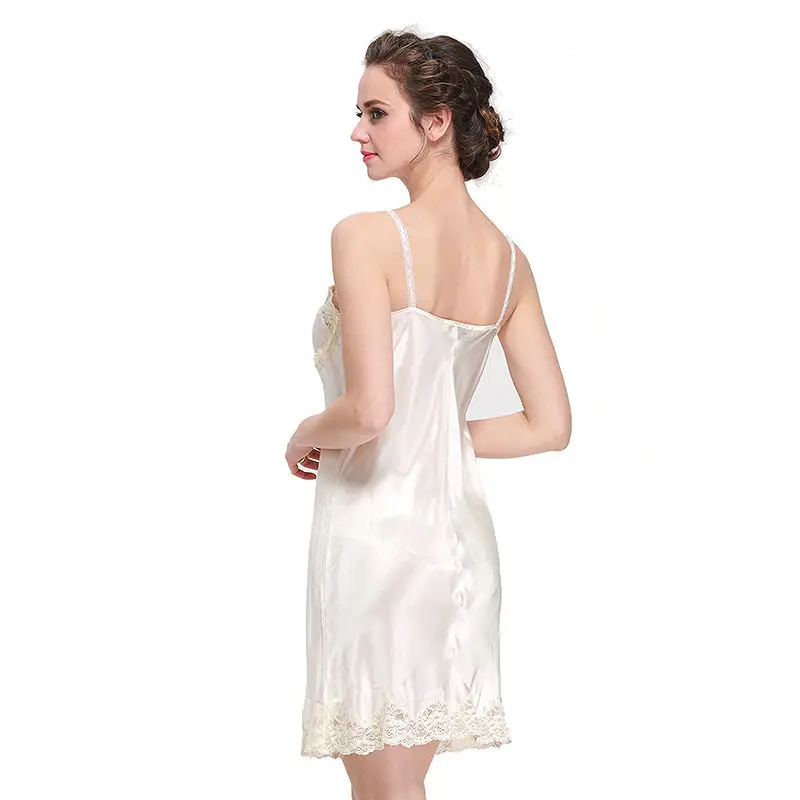 Deep V Neck Camisole Sleep Dress Natural Silk Lace Trimmed Nightdress