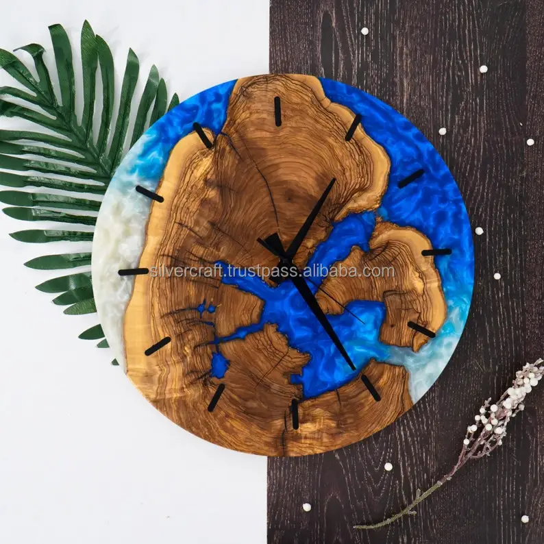 Custom Wall Clock made of Mango Wood filled with top quality Blue-Grey colored Resin made in India