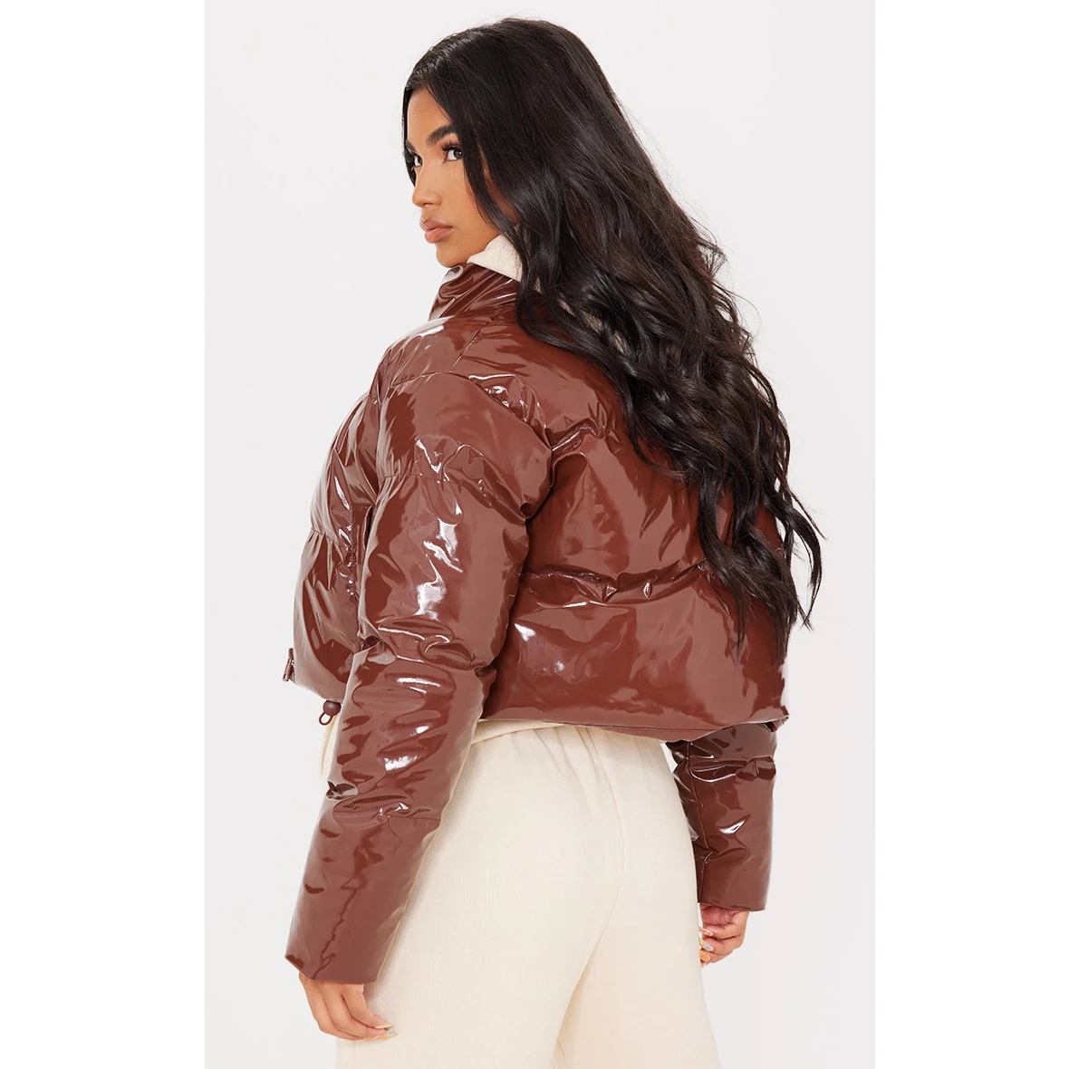 Plus Chocolate Cropped Vinyl Puffer Jackets Puffer jacket Custom Women Winter Outer Wear Padded Plain Quilted Jacket