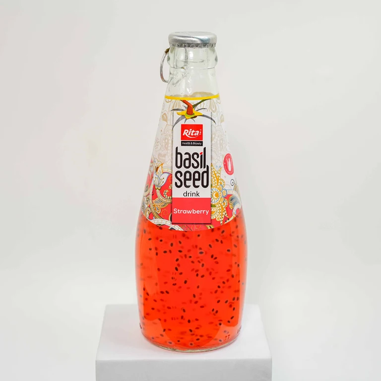 RITA Supplier Best Quality 290ml Glass Bottle Strawberry Basil seed Drink Hot Selling Free Sample, Wholesale Suppliers OEM/ODM