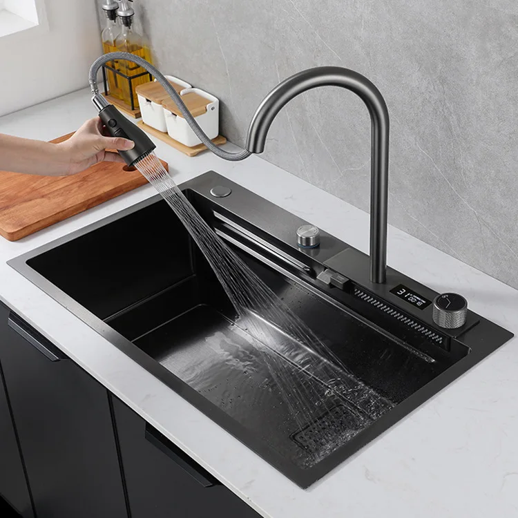 75 cm Sink Flying rain Waterfall Sink Household Dishwasher Basin Workstation stainless steel Kitchen Sink with Pull Out tap