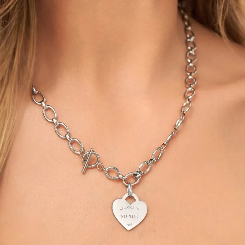 LUCKYDG Waterproof Tarnish Free 18K Gold Plated Stainless Steel personalised engraving Custom Heart Token Oval Chain Necklace