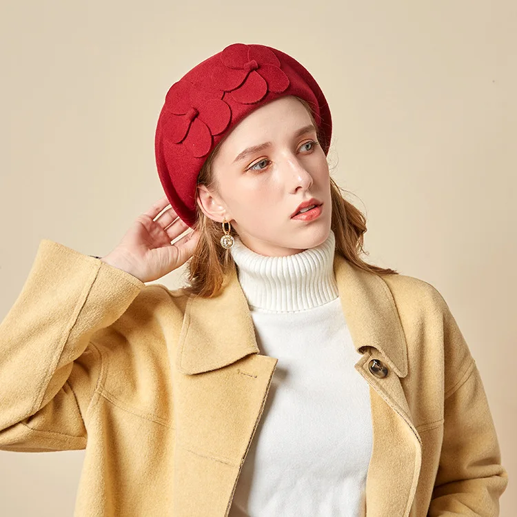 British woolen felt hat dome top hat fashionable temperament flower stewardess beret for women