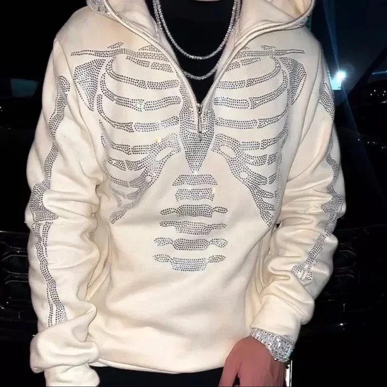 Custom street wear y2k skeleton hoodie half zipper bone skulls hoodie full face zip up rhinestone hoodie men