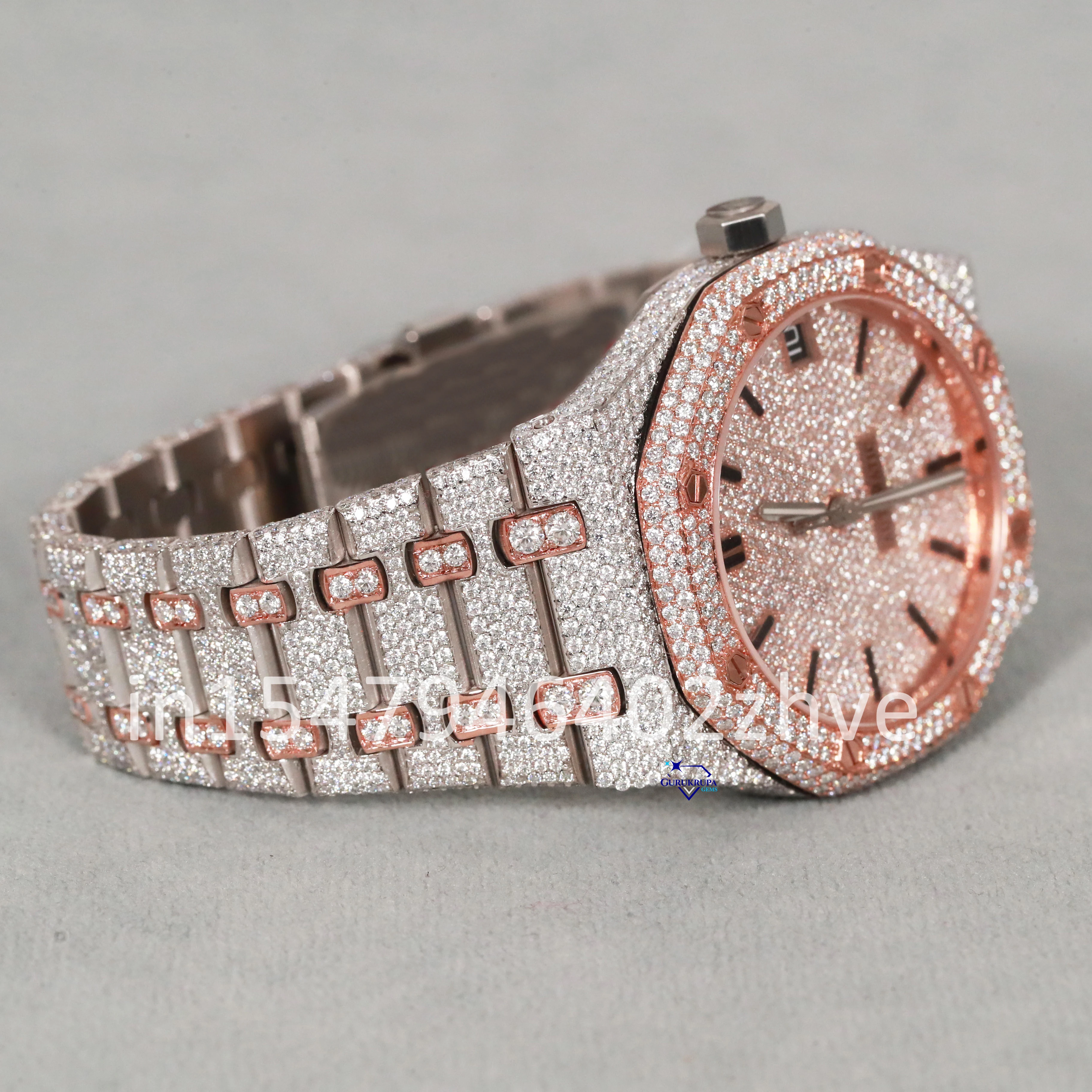 This is a special watch crafted with moissanite diamonds that passes the diamond test and frame of this watch is stainless steel