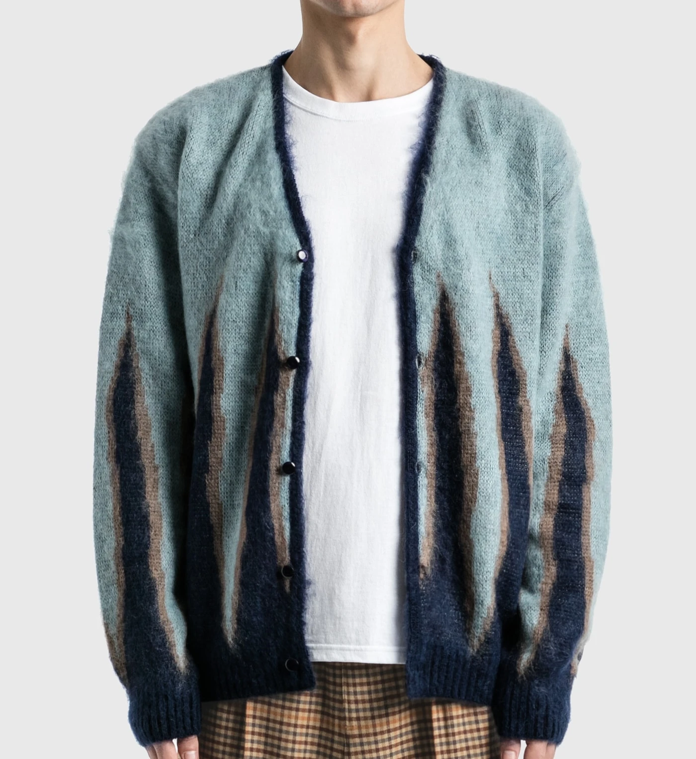Custom LOGO Fluzzy Mohair Cardigan Long Sleeve Button Casual Jacquard Mohair Blend Sweater For Men