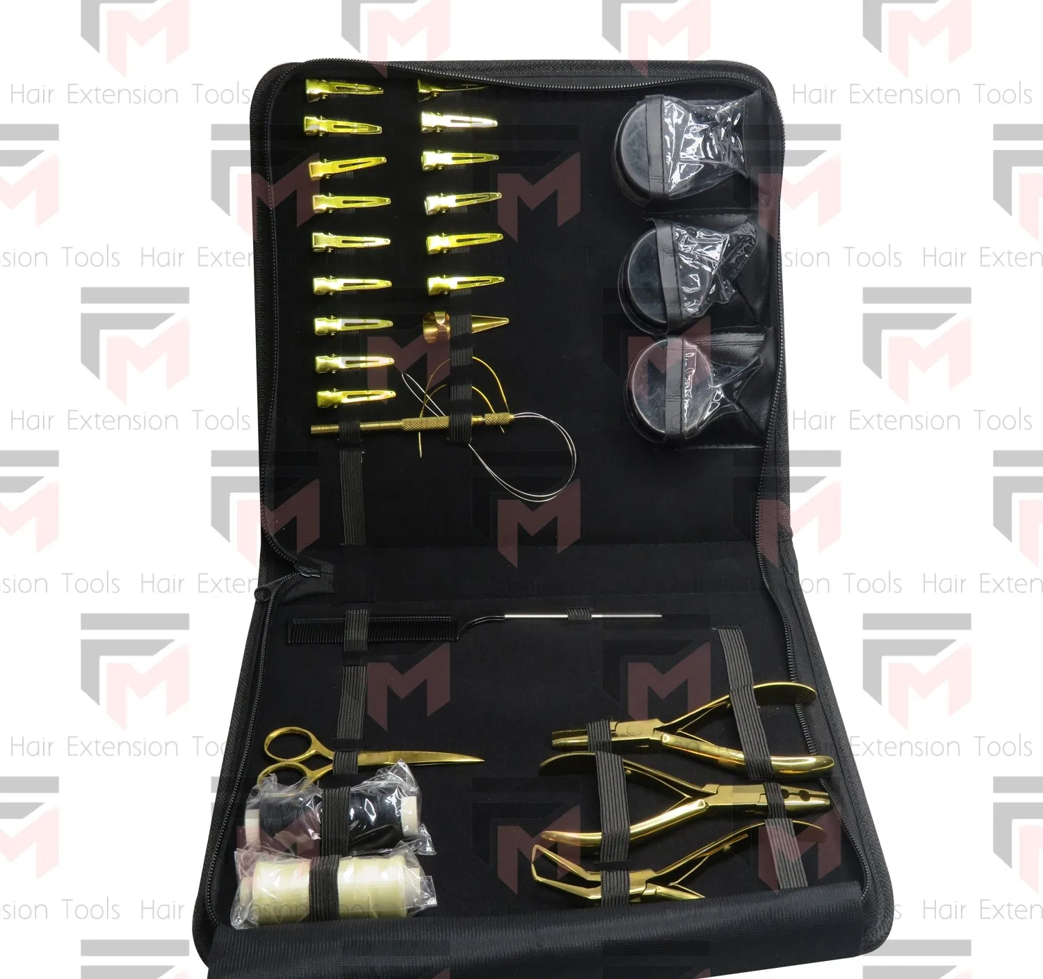 Synthetic Hair Extension Tools Clips Ring Small Scissor Multiple Plier Hook Loop Needle With Different Color Leather Case