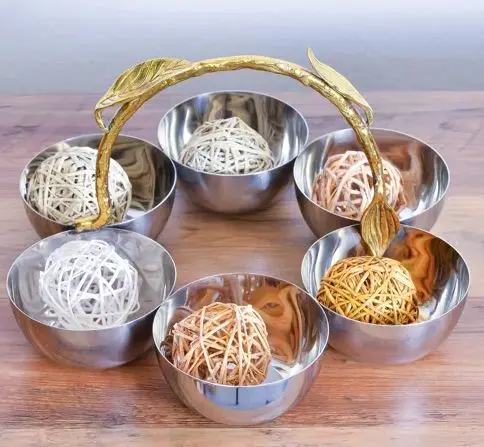 Metal Decorative Bowl with brass gold leaf handle Set of 6 small round metal salad personalized mixing stainless steel bowls