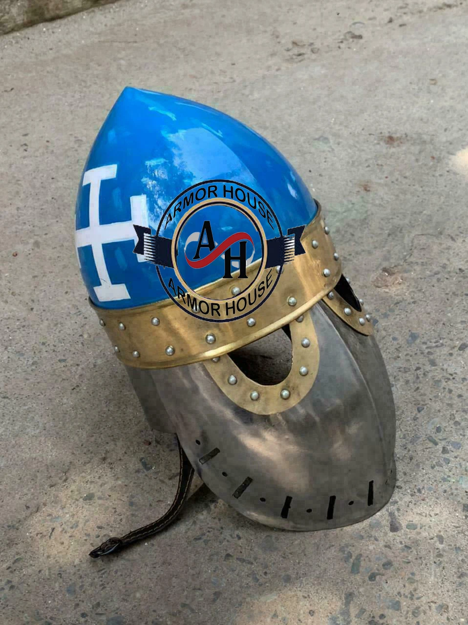 Medieval Sugarloaf  Helmet Armor 18 Gauge Steel Helmet Silver & Blue Polish with Halloween Costume Leather Liner Steel Helmet