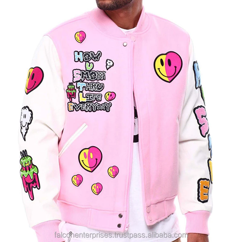 OEM custom high quality streetwear chenille embroidered leather sleeve and wool blend snap fastening varsity jacket men