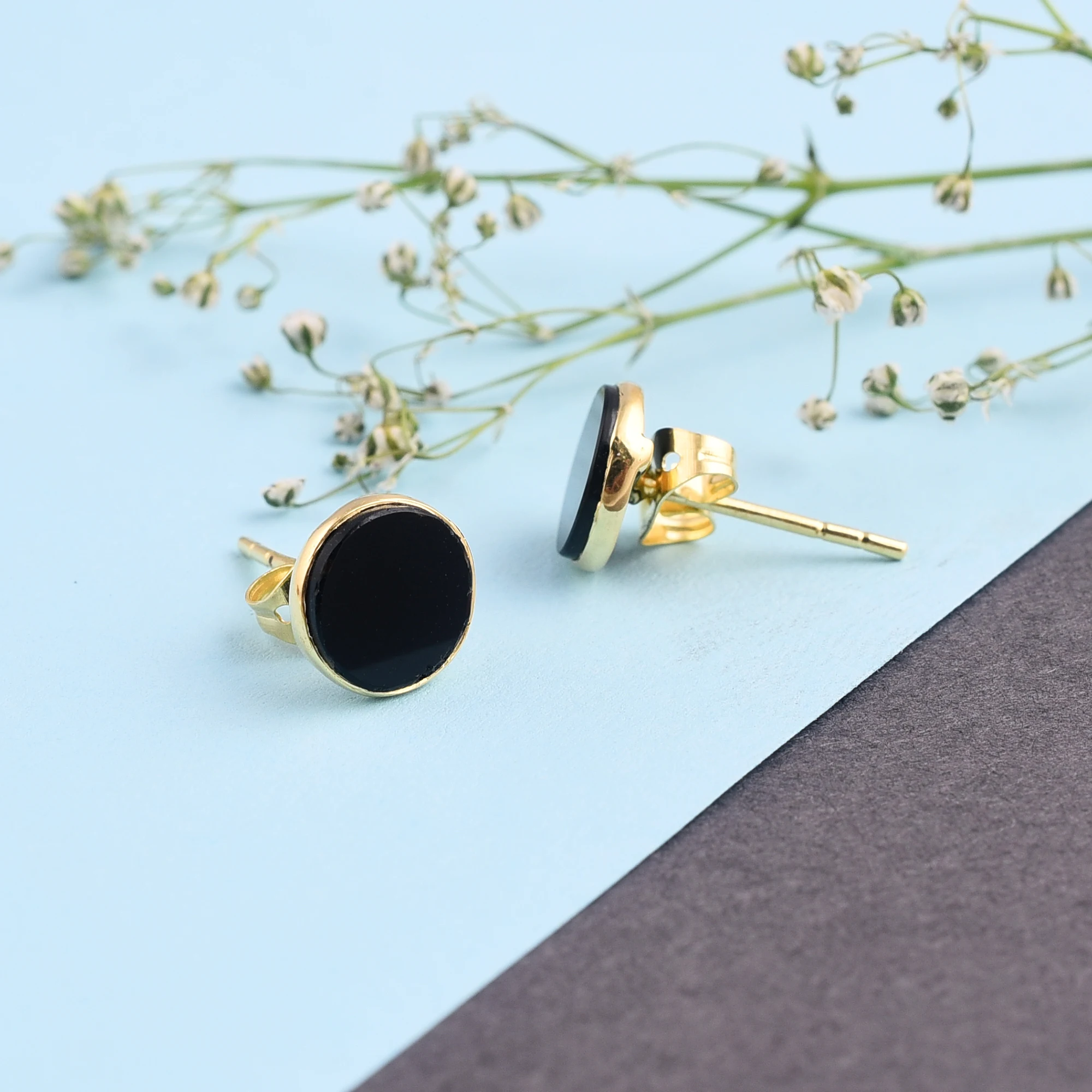 Natural Round Shape Black Onyx Stud Gemstone 925 Sterling Silver Stud Earrings Round Gemstone Stud Jewelry.