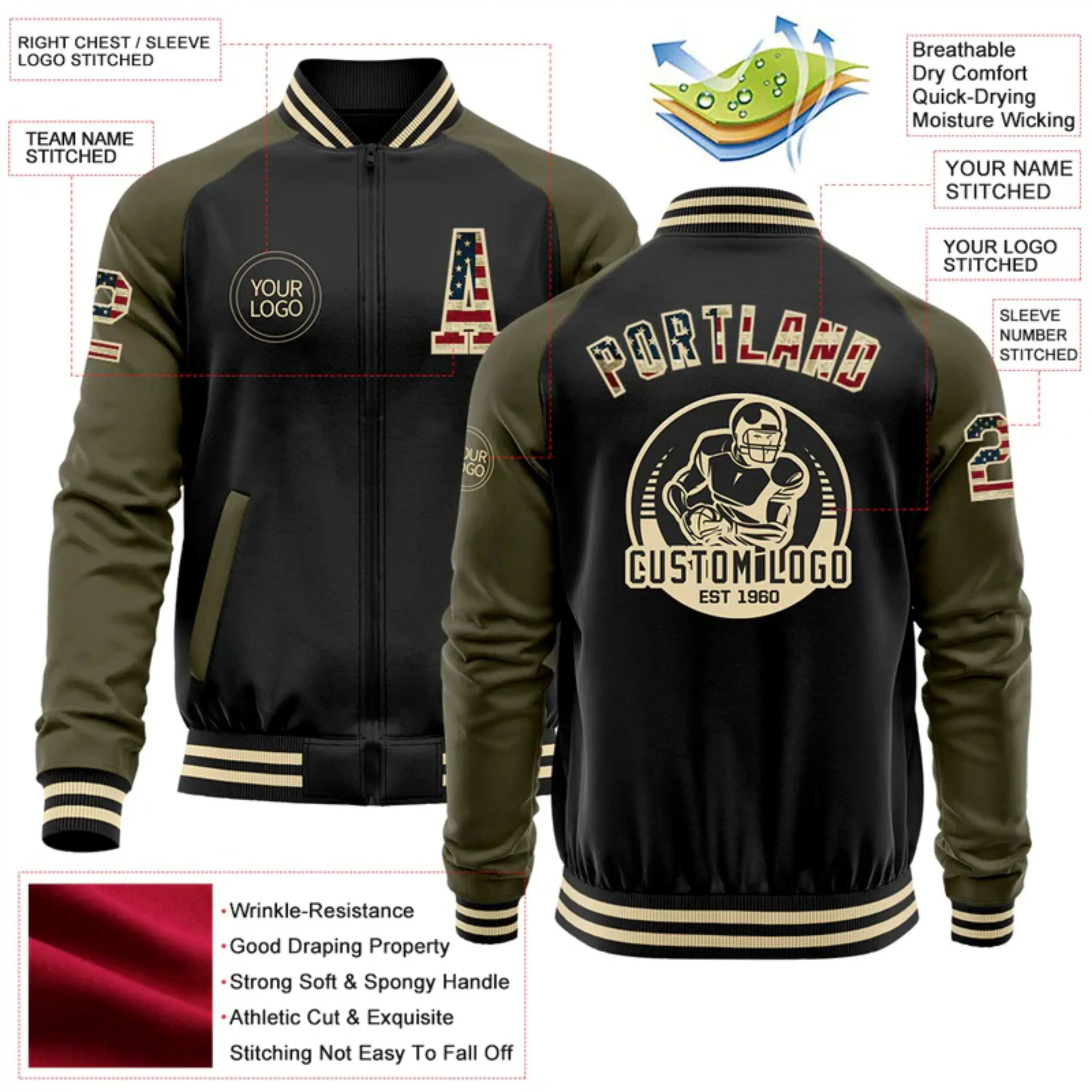 OEM Custom Manufacturing Whole Black Vintage USA Flag Olive-Cream Bomber Varsity Letterman Two Tone Zipper Jacket