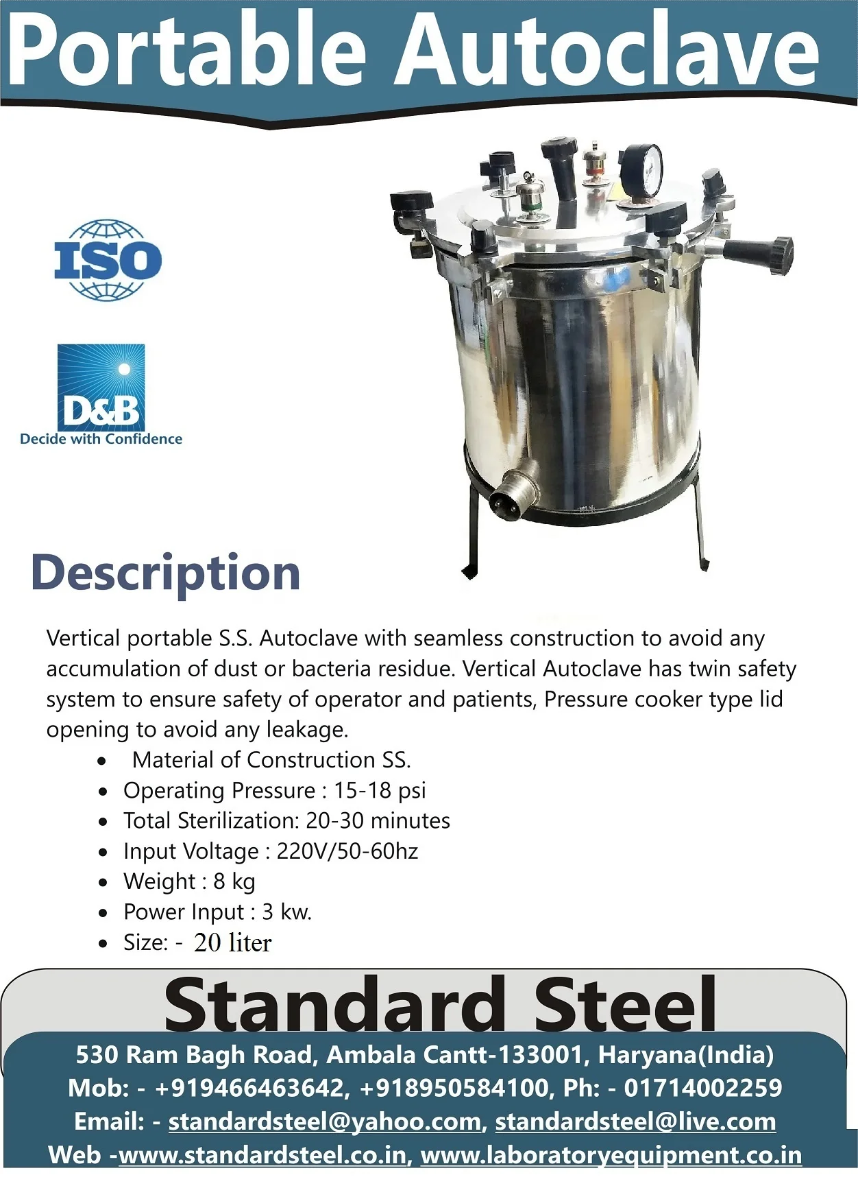 Stainless steel portable autoclave Laboratory portable Steam sterilizer autoclave 22 liter dental autoclave