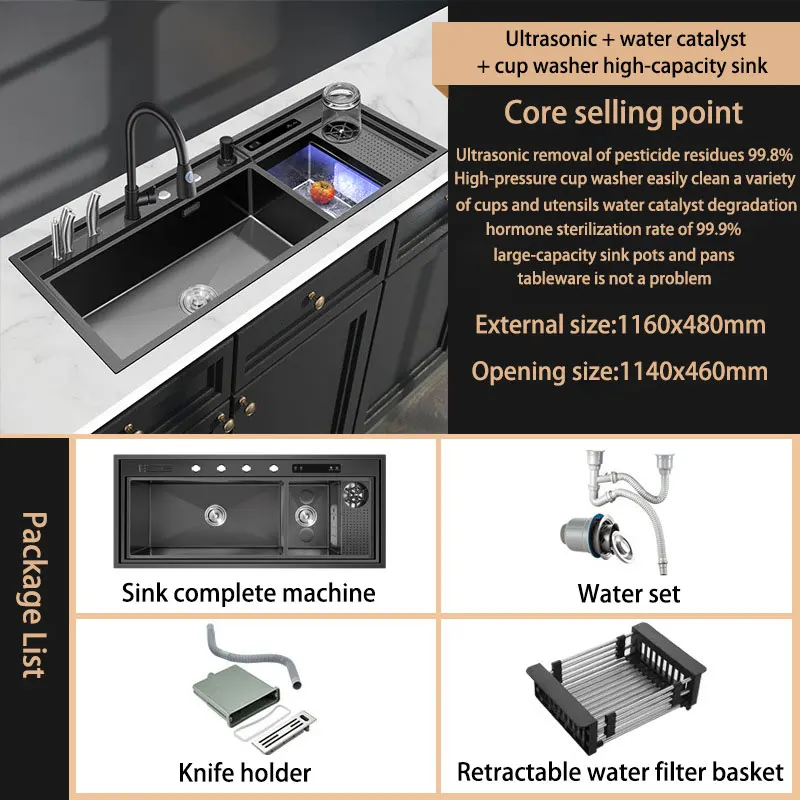 High Temperature Disinfection Dryer Ultrasonic Sink Washing Fruit Vegetable And Seafood 3 In 1 Sus304 Kitchen Sink