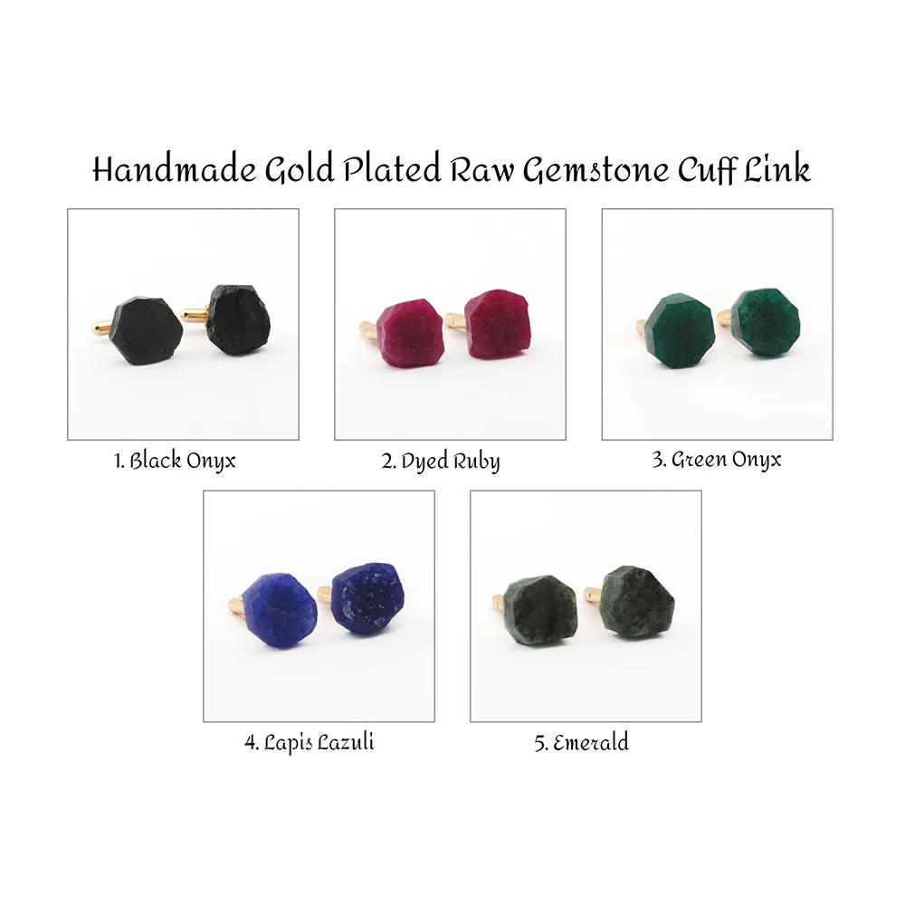 Handmade Natural Emerald Gemstone Cufflinks Gold Plated Fashion Jewelry for Men Traditional Wedding Gift with Tie Clip Pattern