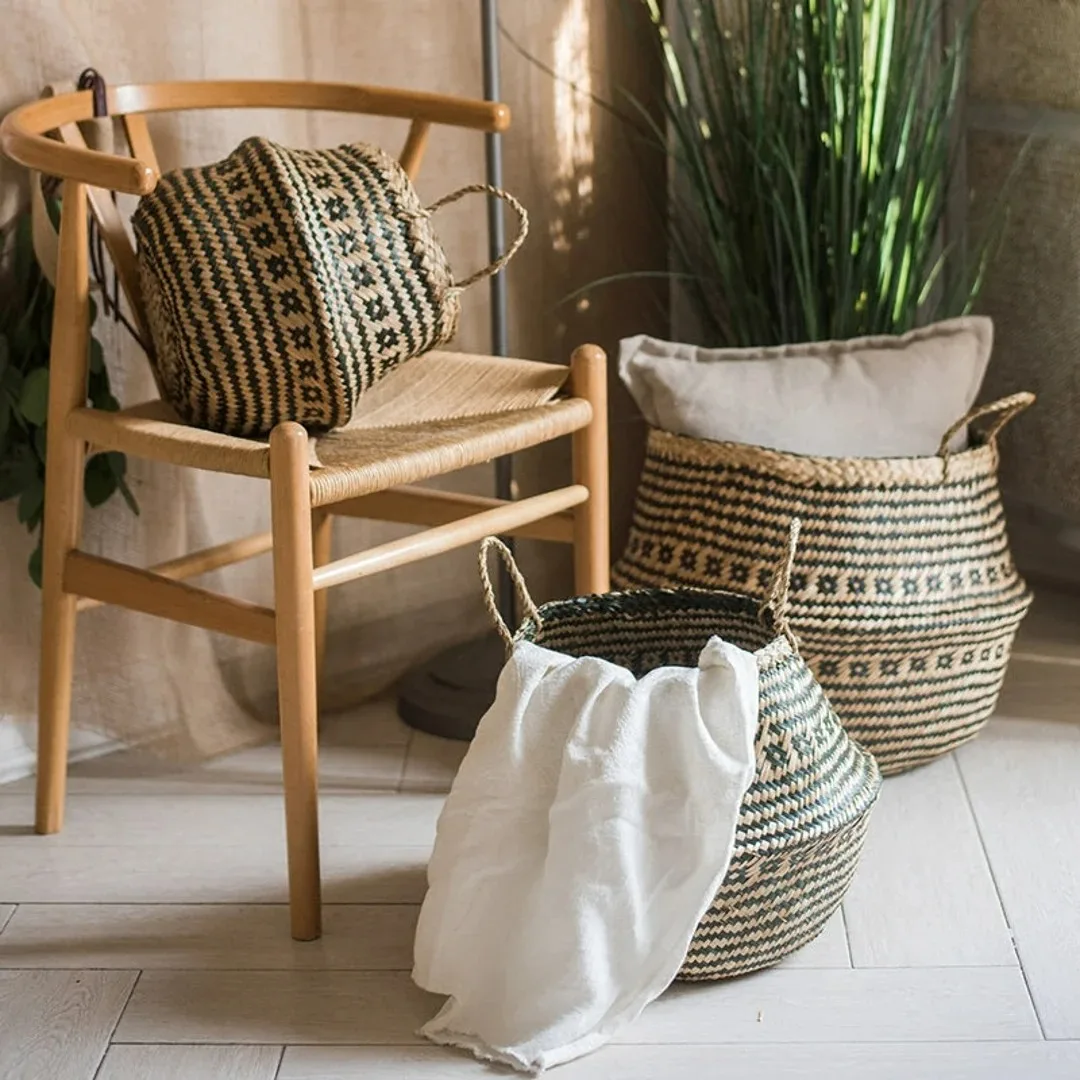 Ecofriendly hand woven seagrass storage baskets black zigzag belly foldable basket made in Vietnam