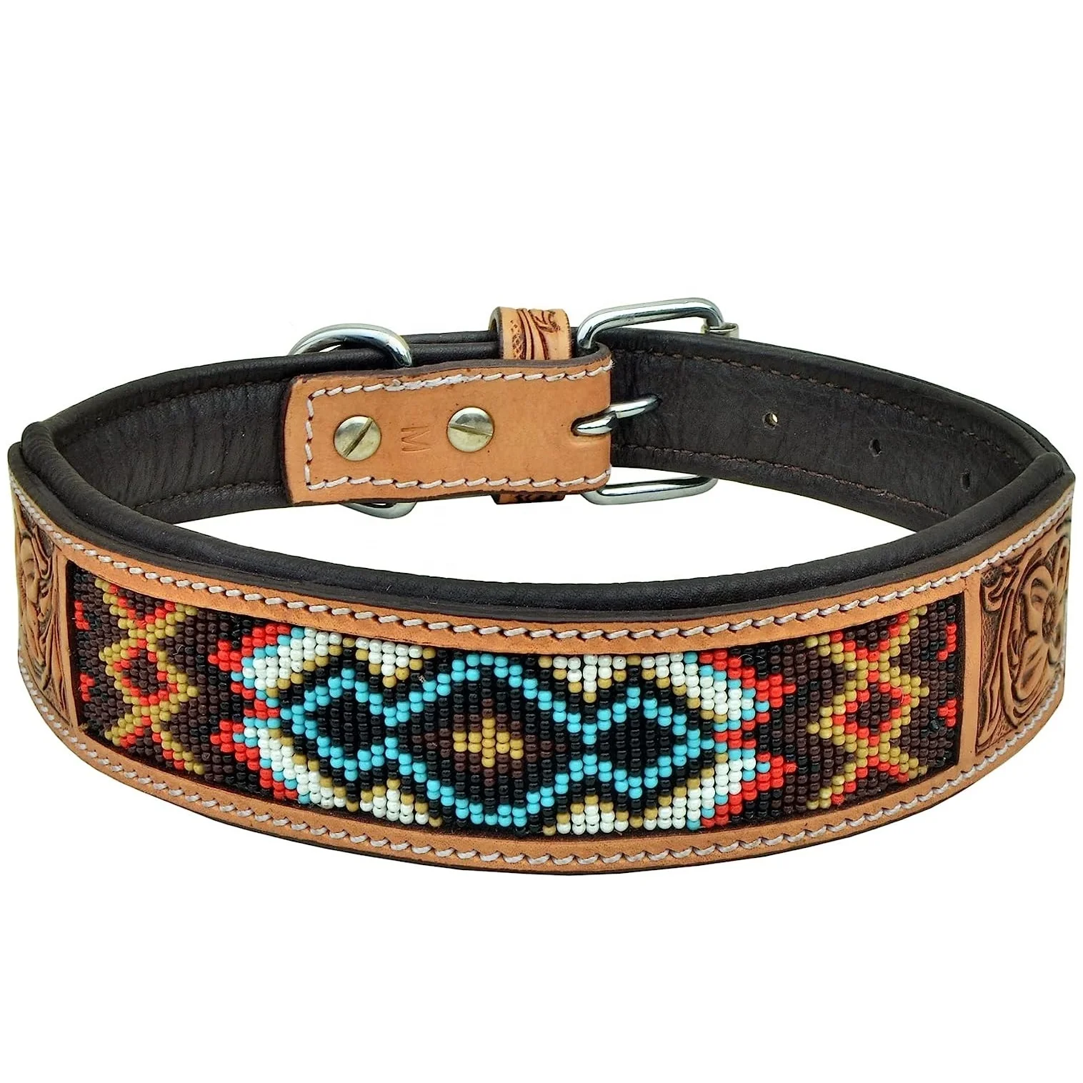 Multi Colored Beaded Soft Padded Dog Collar With Hand Tooling Dog Belt Carving Cow Leather Dog Collar Manufacturer