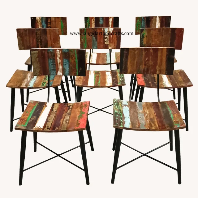 Factory wholesale Industrial Bistro Cafe Hotel Metal Frame Dining Chair with Reclaimed Wooden Top Restaurant Iron Dining Chair