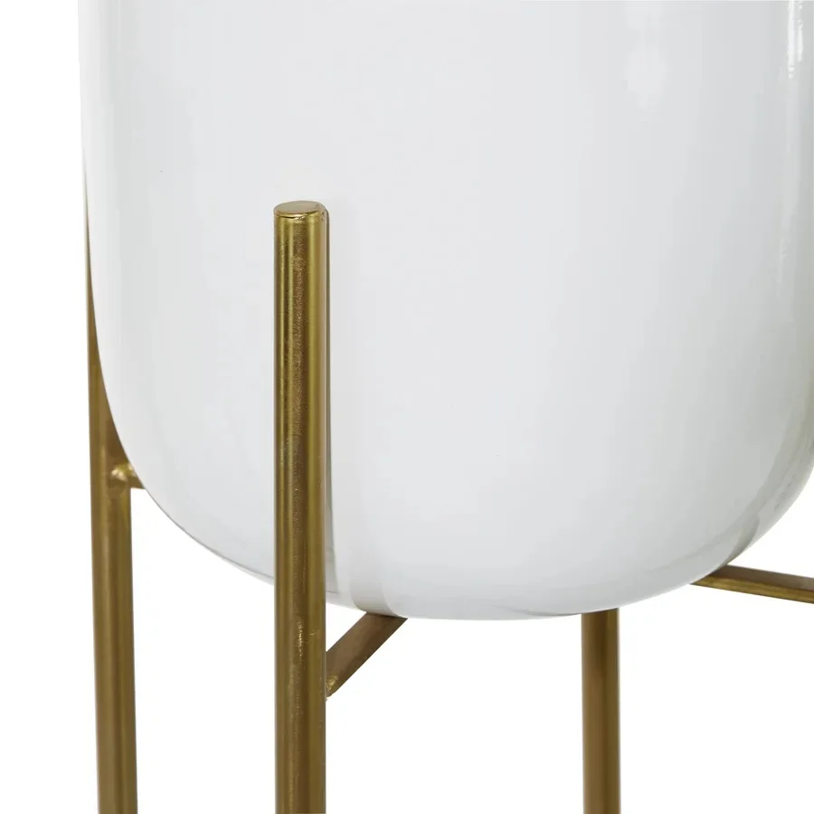 Modern Gold Metal Flower Pot with White Stand Long Planter For Floor Table Decor Classic Plant Holder Display Made In India