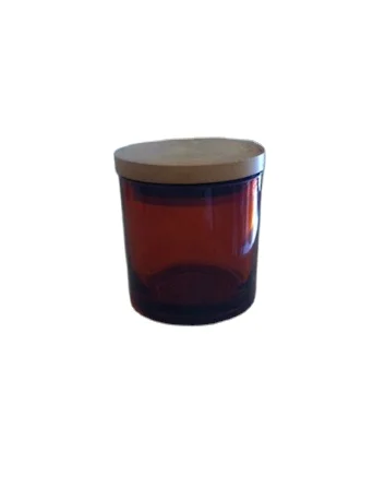 amber color glass candle jar with pale wood lid wholesale glass candle holder with Diwali festival
