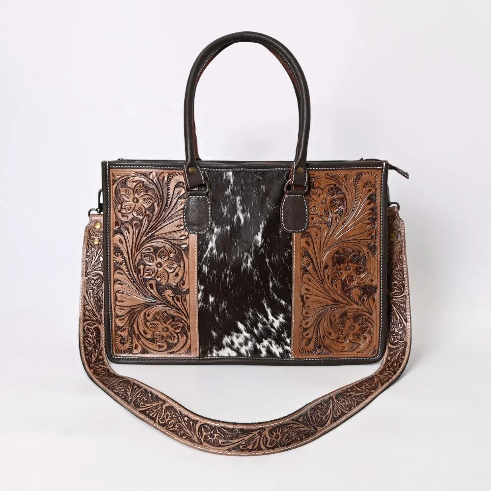 Cowhide Hairon Leather Tote Bag with Detachable Hand Tooled Strap for Girls Daily Life Use Full Grain Shrunken Leather Back