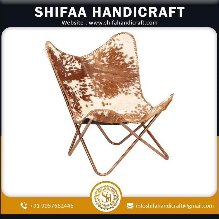 Home Decor Genuine Goat Leather Butterfly Arm Chair With Black Brown White Hair On Cover White And Brown with Ross