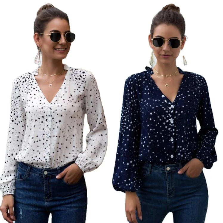Sexy V-neck Women Spring Blouse Elegant Star Print Long Sleeve Buttons Female Top Shirts Casual Office Wear Lady Blouses
