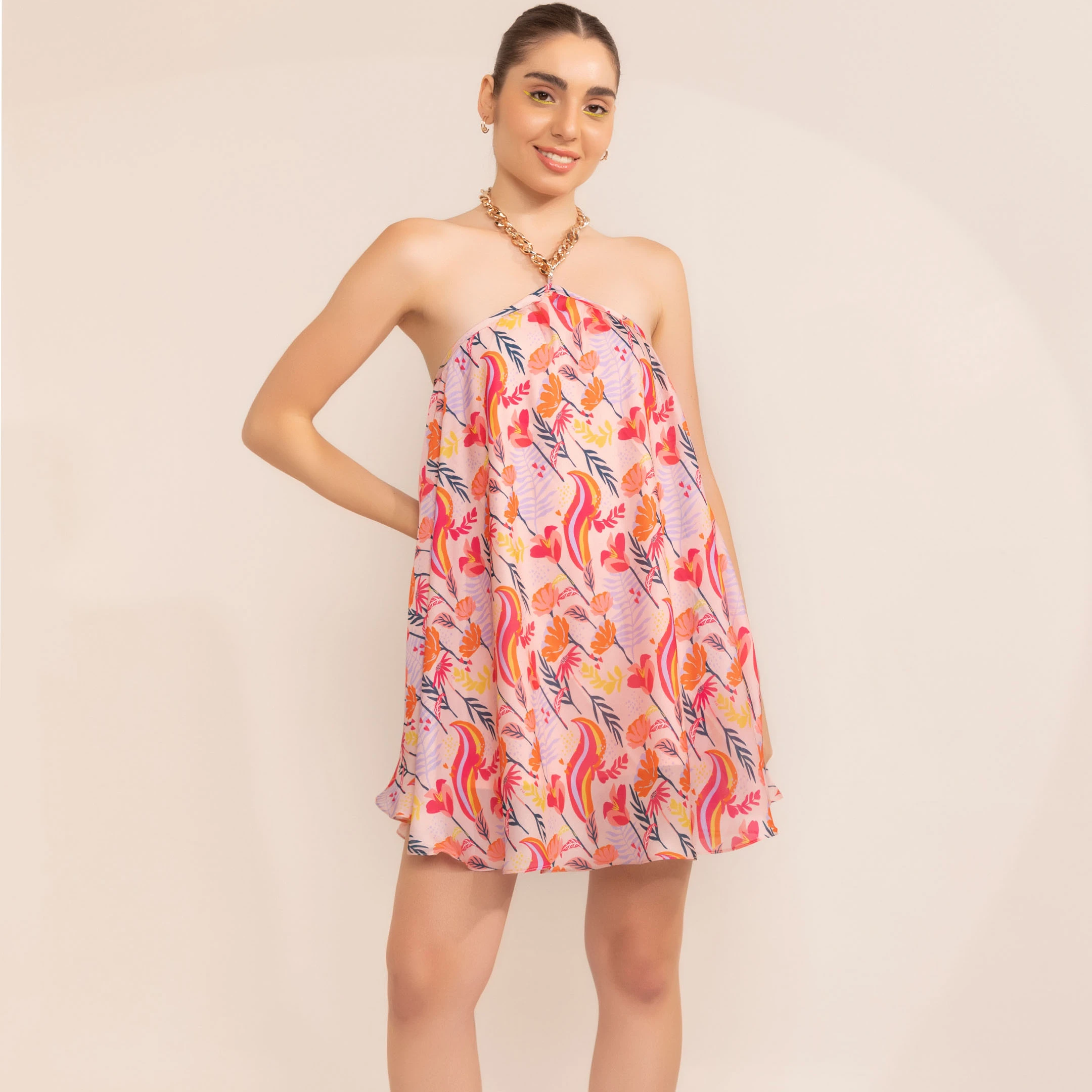 2024 latest trending design Printed Blushing pink halter chain neck short dress new arrival trending design dress for women