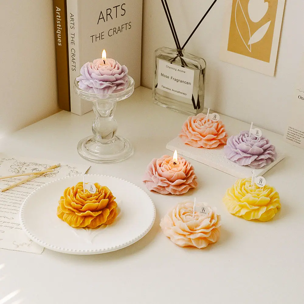 Wholesale Cute Flower Shape Peony Carving  Aromatherapy Scented Candles For Wedding Celebration Home Decor
