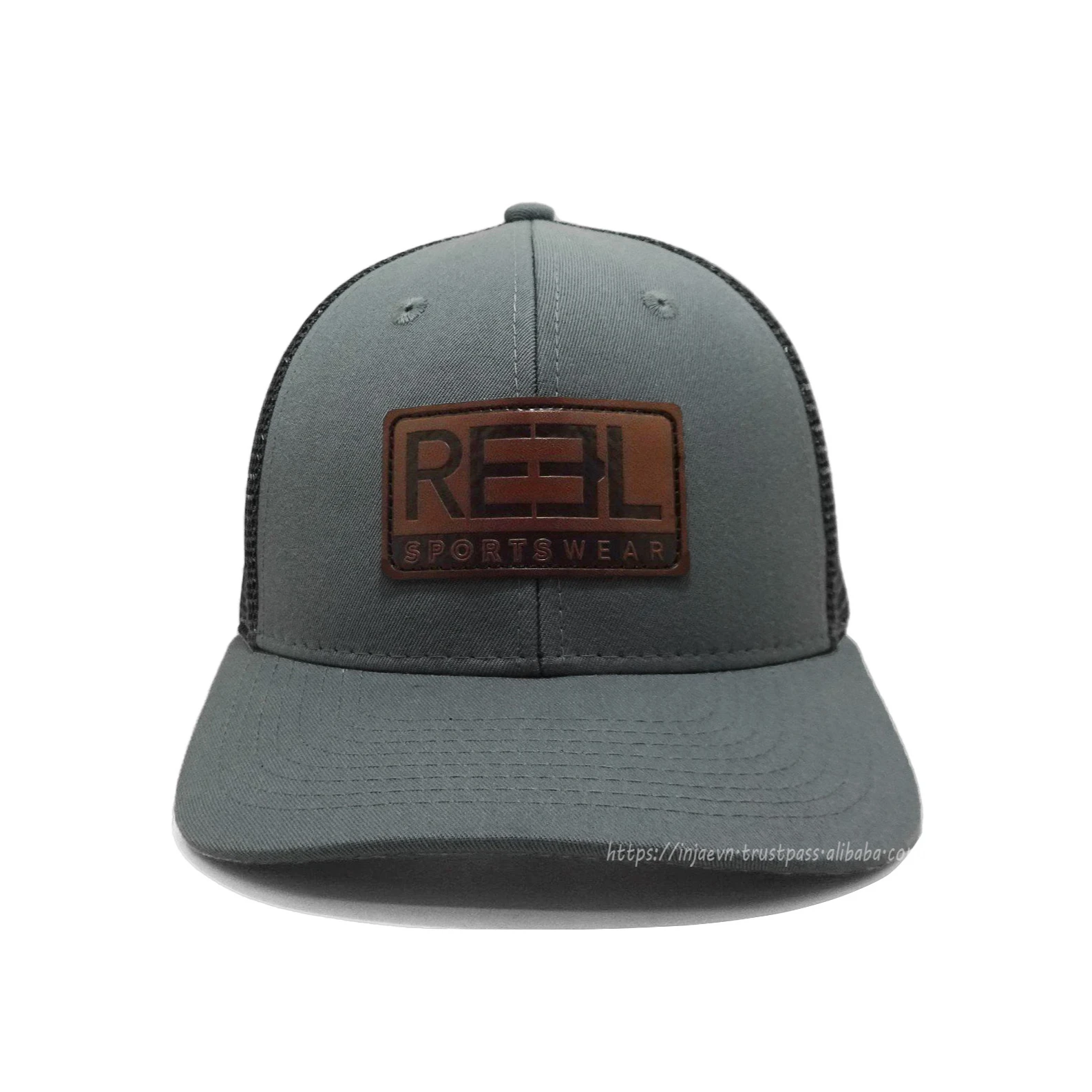 Custom Real Leather Patch Embossed Trucker Hats 6 Panel Solid Color Snapback Mesh Cap Injae Vina Factory Trucker Sport Caps