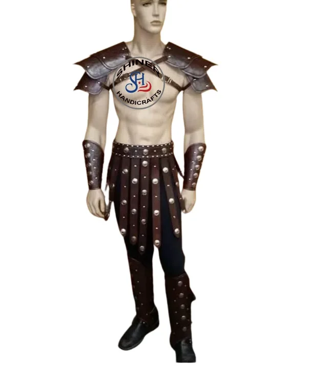 Medieval Armor Leather Roman Heavy Brass Leather Belt Greek Spartan Brown Leather Arm Guards & Leg Guard Men Halloween  Costume