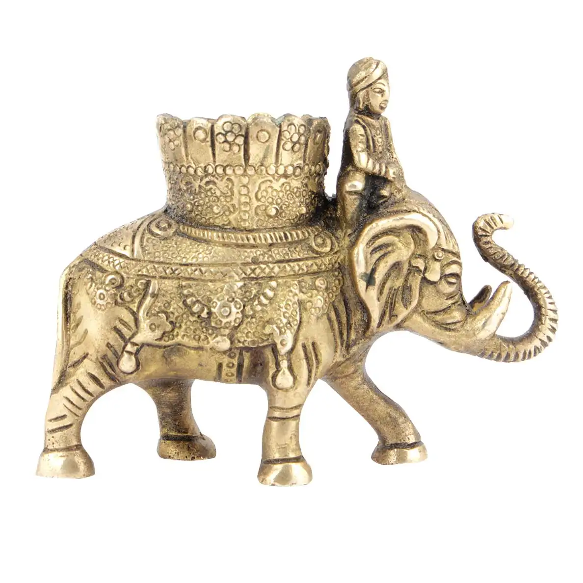 Handmade Indian Brass Golden Elephant with Mahawat Sculptures Figurine Statue Home Decor Gift Items Size: 10 x 13 cm SBA-491