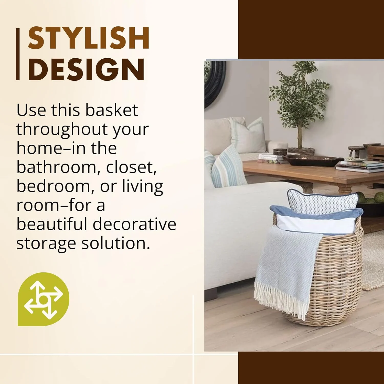 Rattan Kobo Round Storage Basket, Handwoven Rattan Basket with Handles, Organization & Home Decor for Storage, Gray-Brown