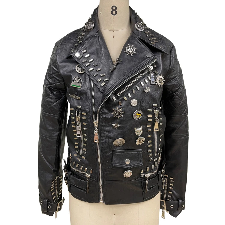 Faux Leather Motorcycle Biker Racer Jacket Punk Street Style Studded Rivets With Badge Blouson Winter Coats For Men