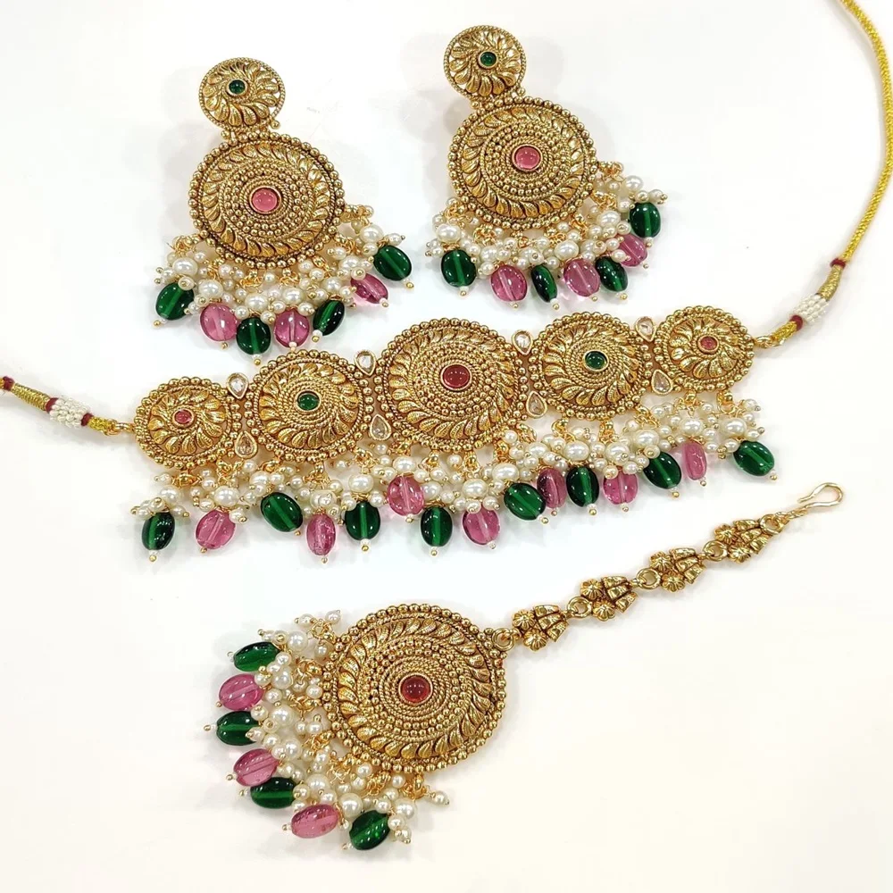 Artificial Bridal Antique Matte Gold Plated Choker Mukut Necklace Set With Arabic Jewellery Wholesale Jewelry Earring sets