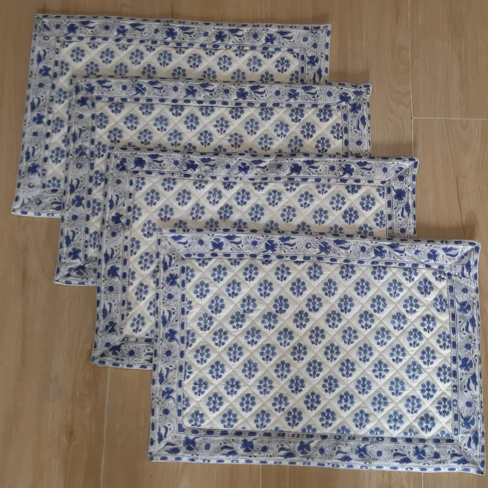 Cotton Quilted Hand Block Printed Table Mats, Floral Block Printed For Dinning Table Rectangle Quilted Cotton Table placemats