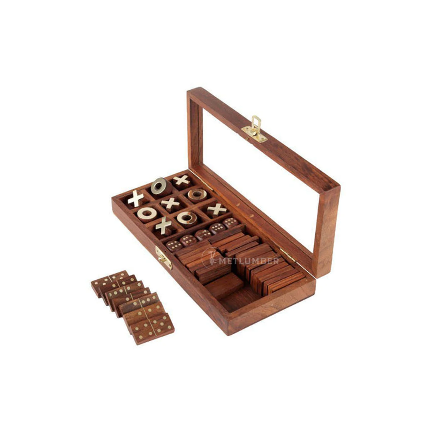 Handcrafted Wooden 3 Games Set TicTacToe Domino & Dice for Kids & Adults with Glass Lid Box & Locking System