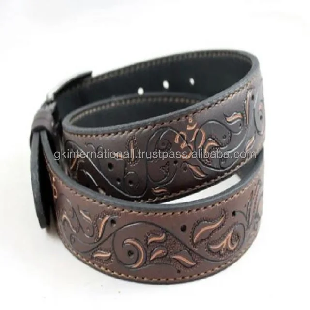 Durable strong stitched custom made western leather hand tooling belt 3D floral design embossed tooling belt for cowboy