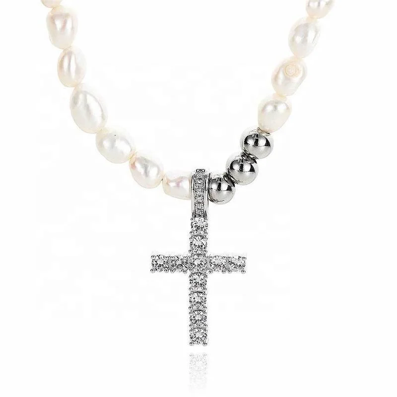 Hip hop brass and zircon cross pendant with natural pearl chain necklace for women men
