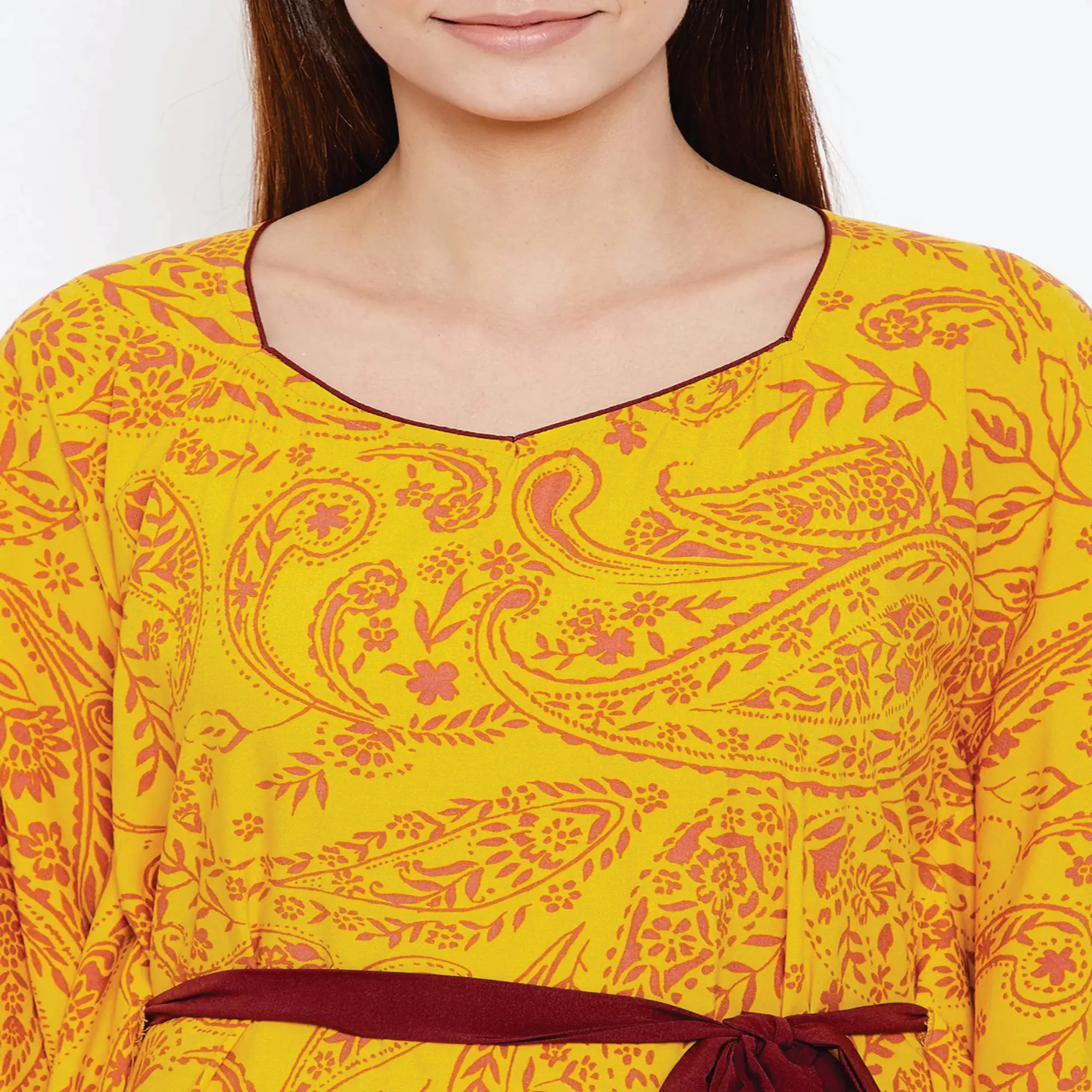 Comfortable Fit Viscose Modal Shaped Neckline with Piping Detail with Short Extended Sleeves Yellow Paisley Print Kaftan