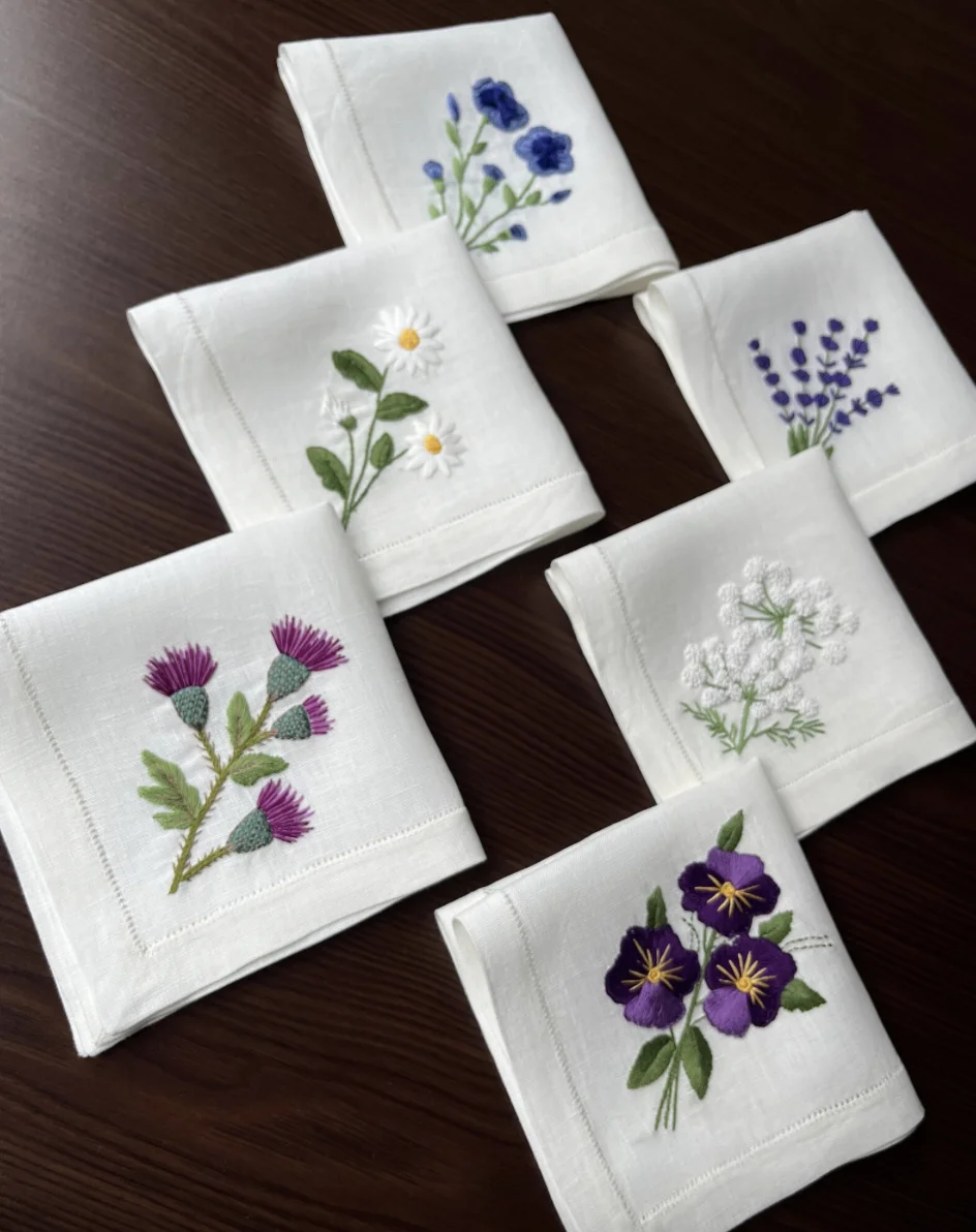 Hand Embroidered Flower Linen Cloth Napkins Set Luxury Wedding Cocktail/Tea Coasters set of 6