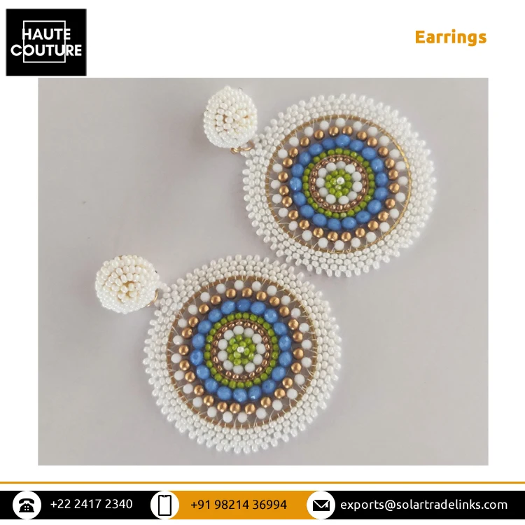 Stunning Collection of Handmade Beaded Earrings - Ivory Blue Green Beaded Round Shape Fashionable Party Wear Earrings