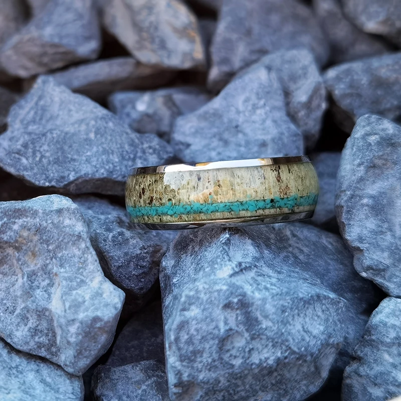 mens Jewelry rings Turquoise Man Ring Manufacturer Custom Stainless Steel Titanium Black zirconium Inlaid antlers classic men