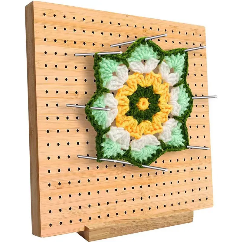 Bamboo Wood Weaving Board with Folk Art Style Handmade Crochet for Weaving Stainless Steel Needle Square Wooden Weaving Hook