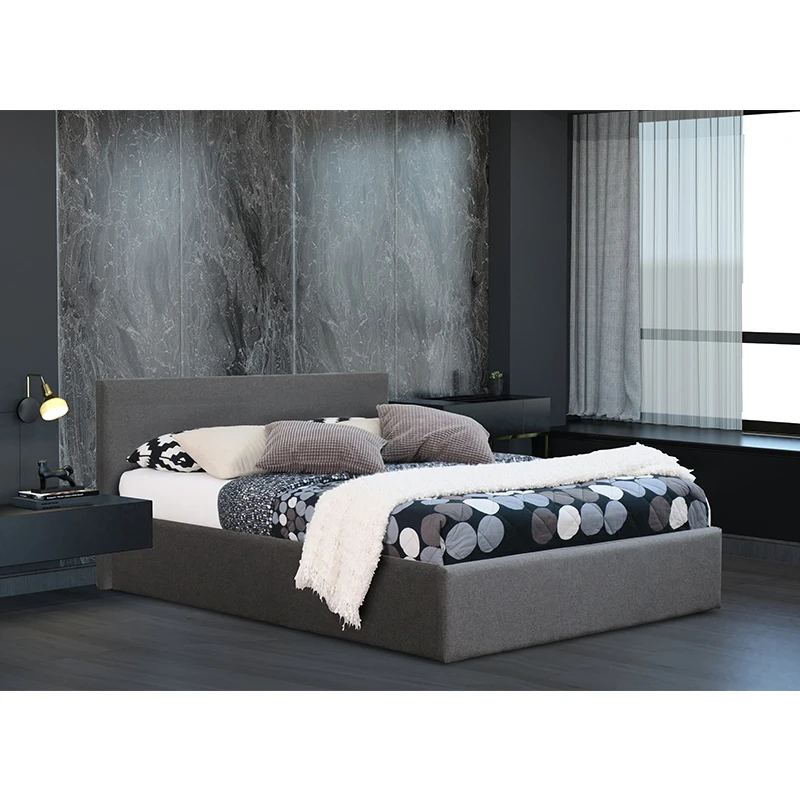 PRADO OTTOMAN Fabric Grey Color Bed Frame with End Open Storage Space Suitable for Dark Theme Interior Design