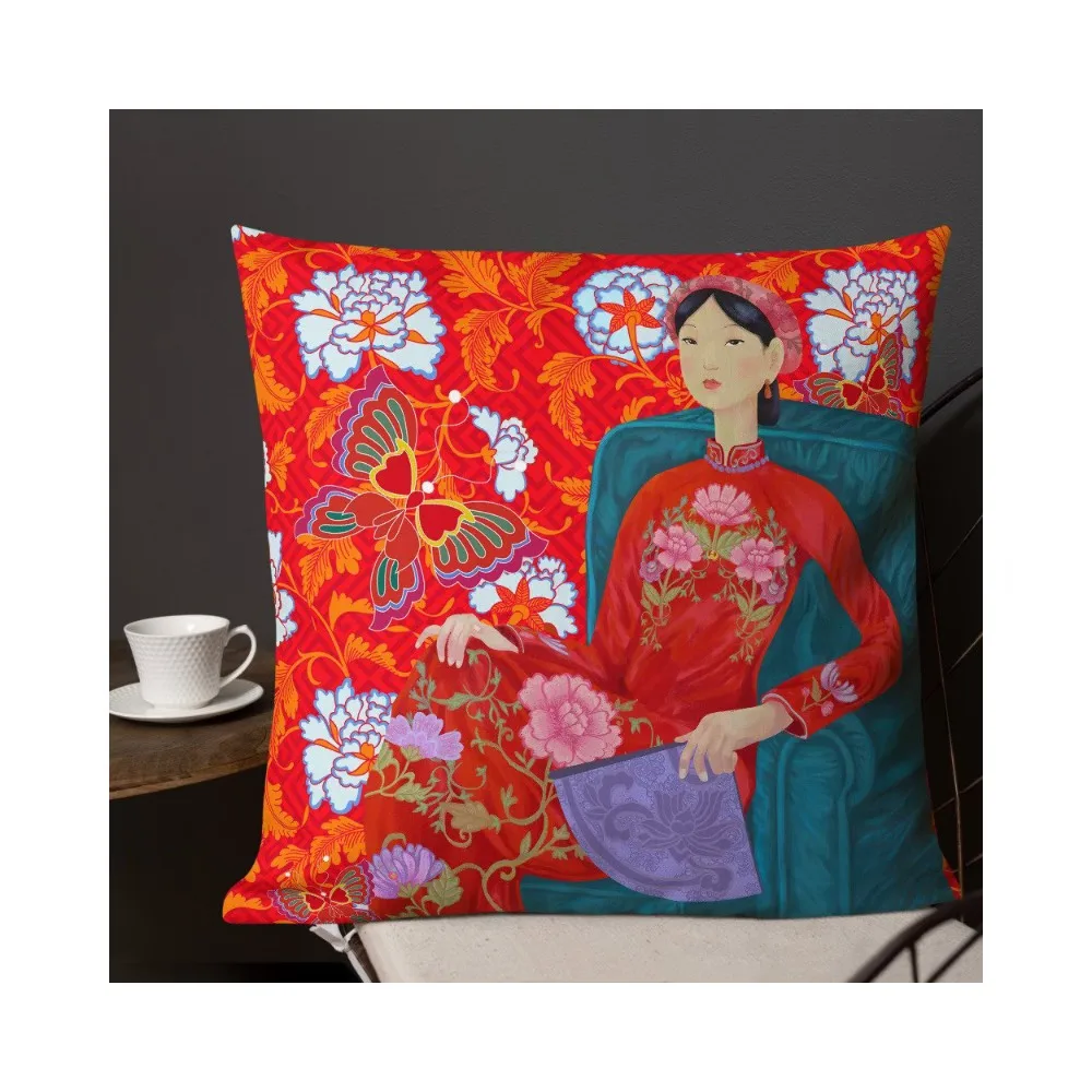 Unique 45x45cm Polyester Pillow Cover with Custom Red Ao Dai Asian Woman Design by Halinhthu Casa Design And Size 100% Polyester